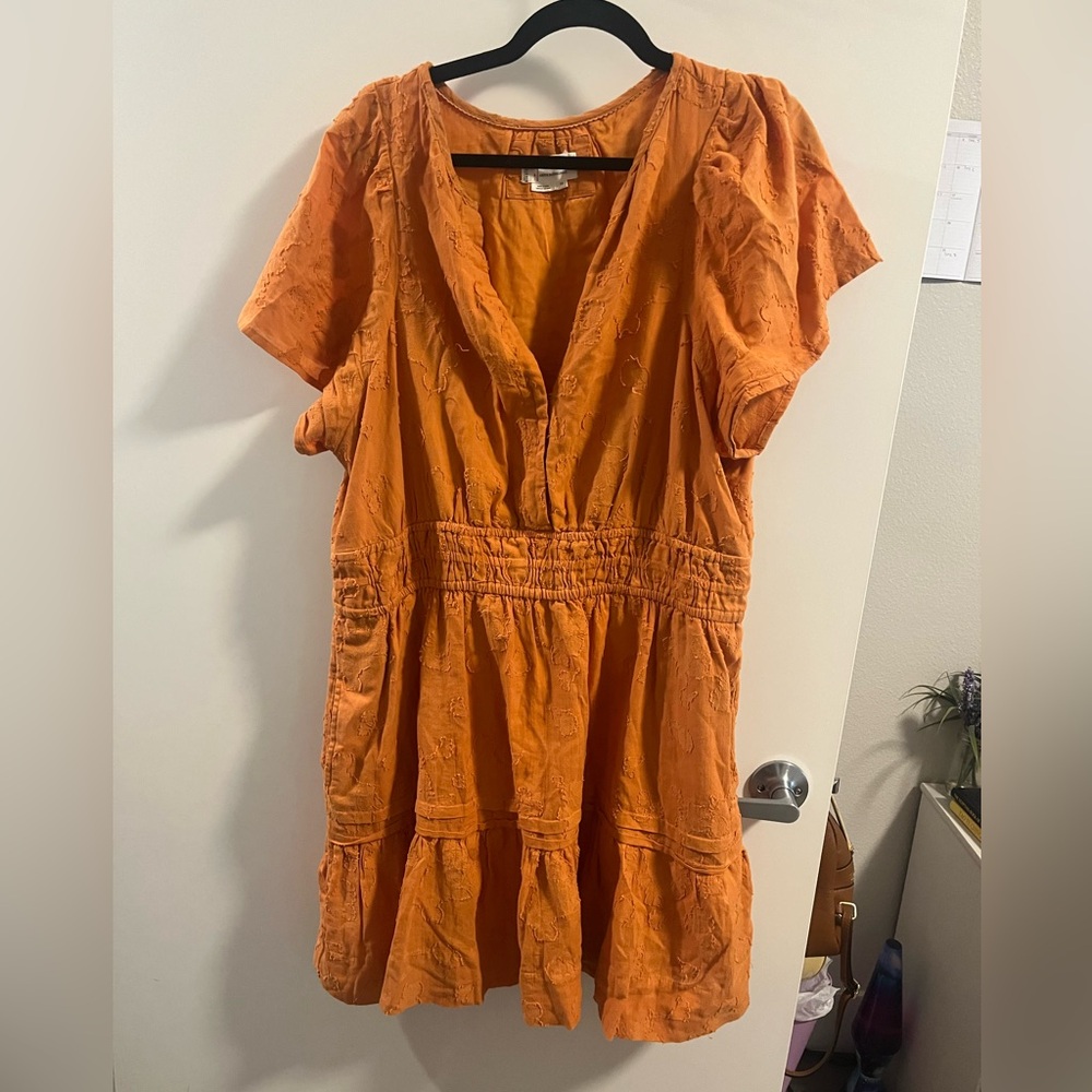 ❤️‍🔥BOGO free Anthropologie Textured Orange Mini Smoked Dress Short Sleeve 1X
